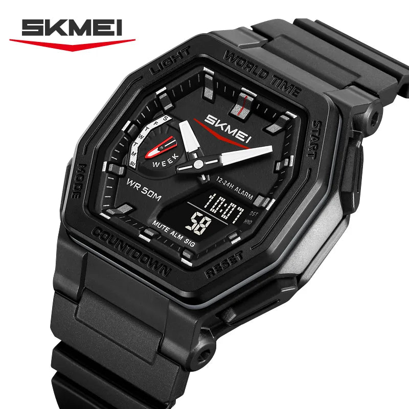 SKMEI 2438 Casual Dual Digital Display Quartz Waterproof Watches Calendar Analog Stopwatch timing Alarm LED night light Clock