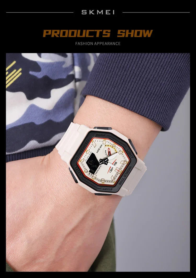 SKMEI 2438 Casual Dual Digital Display Quartz Waterproof Watches Calendar Analog Stopwatch timing Alarm LED night light Clock