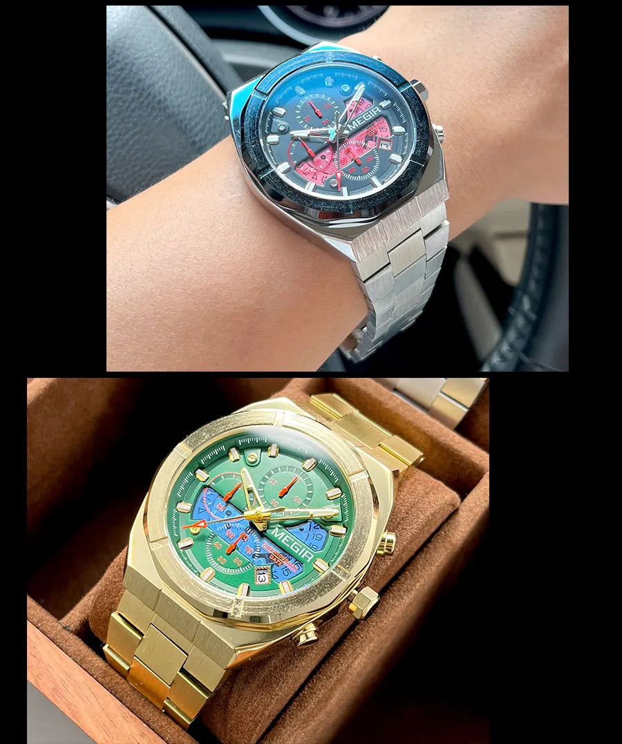 MEGIR Gray Sport Quartz Watch for Men Luxury Luminous Waterproof Metal Wristwatch with Stainless Steel Strap Date Chronograph