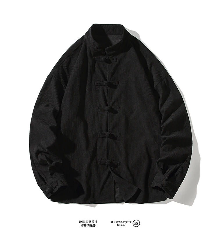 chinese style solid color Shirts for Men Corduroy Buckle Long-sleeved Shirt Autumn and Winter Tang Coat Zhongshan Coat