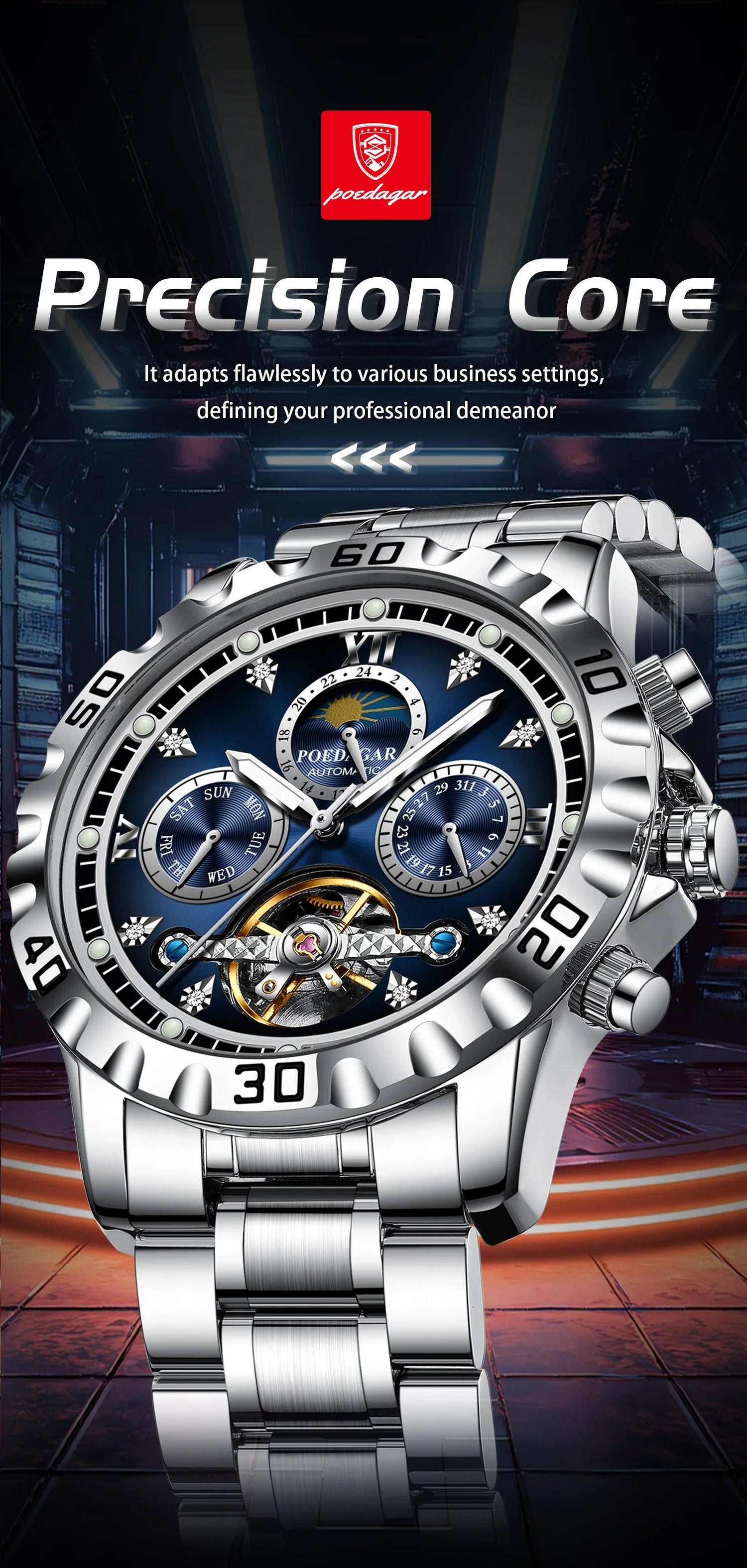 POEDAGAR Business Top Watch For Man Hollow Tourbillon Automatic Men&