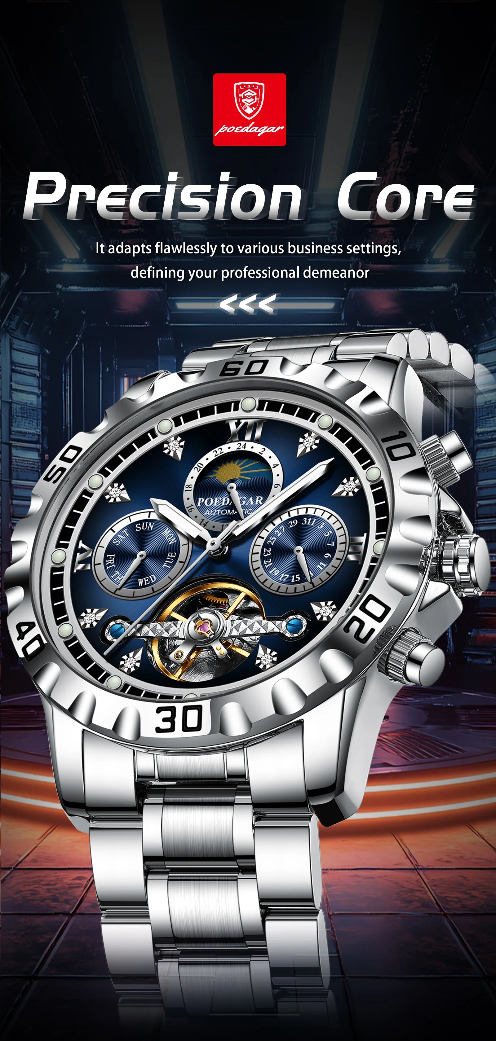 POEDAGAR Business Top Watch For Man Hollow Tourbillon Automatic Men&