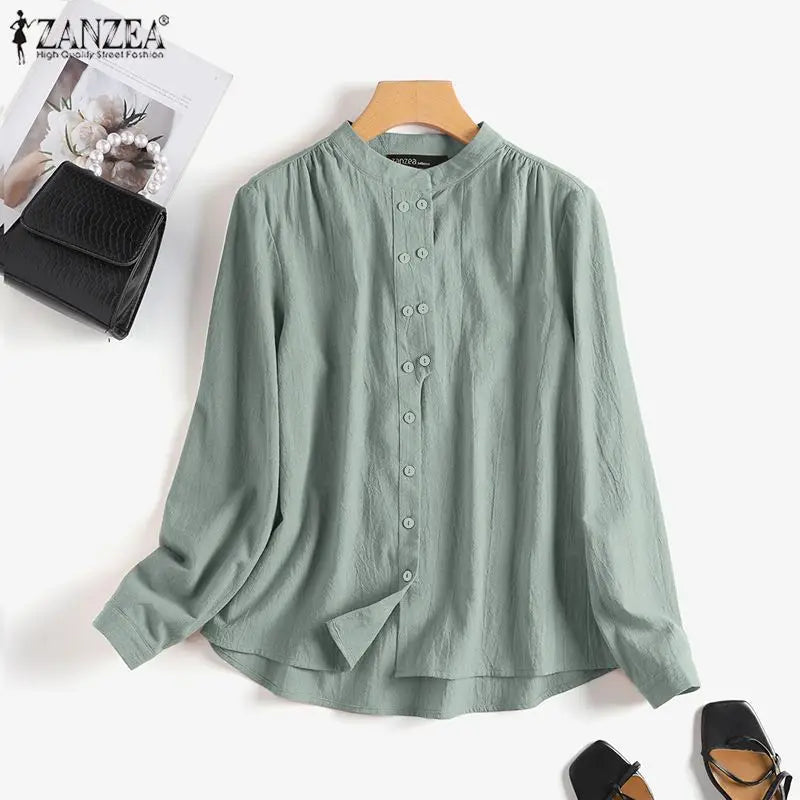 ZANZEA Chinese Style Vintage Blouse 2023 Cotton Long Sleeve Shirt Fashion Autumn Women Double Breasted Top Casual Oversize Blusa
