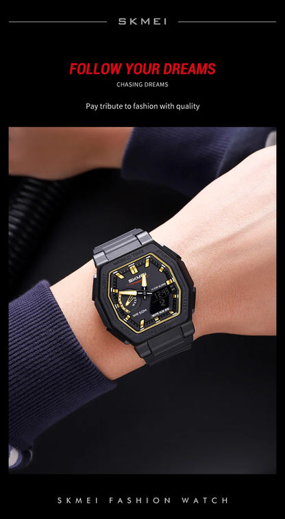 SKMEI 2438 Casual Dual Digital Display Quartz Waterproof Watches Calendar Analog Stopwatch timing Alarm LED night light Clock