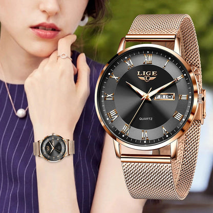 LIGE Women Watch Bracelet Quartz Clock Movement Simple Waterproof Rose Gold Stainless Steel Mesh Ladies Watches Relogio Feminino