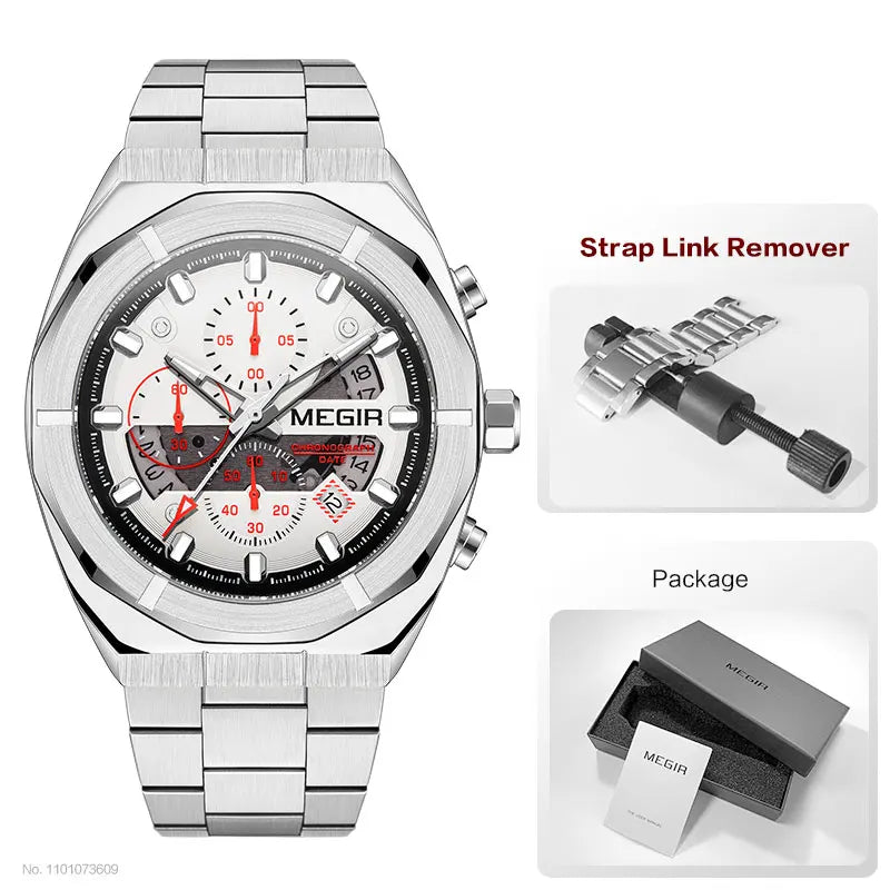 MEGIR Gray Sport Quartz Watch for Men Luxury Luminous Waterproof Metal Wristwatch with Stainless Steel Strap Date Chronograph