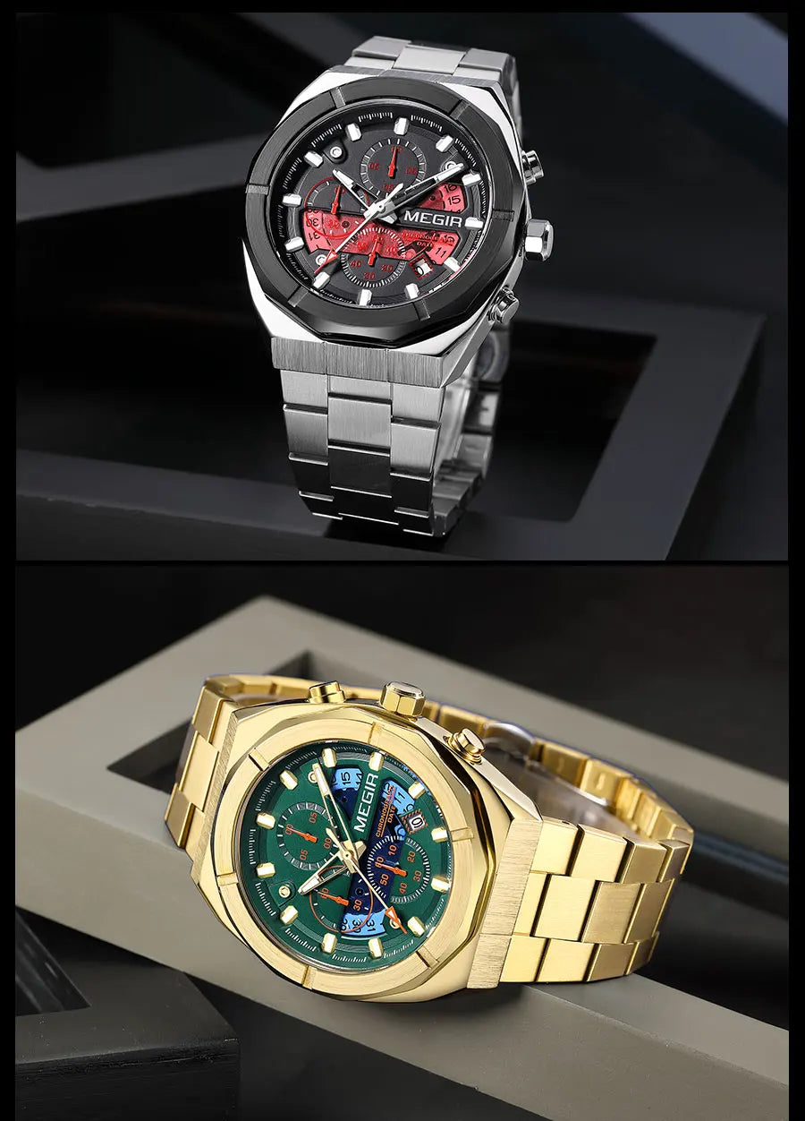 MEGIR Gray Sport Quartz Watch for Men Luxury Luminous Waterproof Metal Wristwatch with Stainless Steel Strap Date Chronograph