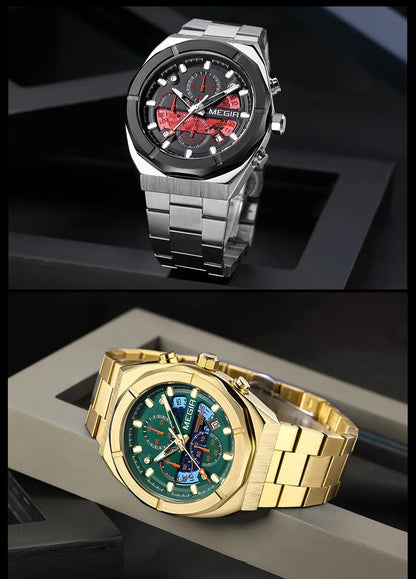 MEGIR Gray Sport Quartz Watch for Men Luxury Luminous Waterproof Metal Wristwatch with Stainless Steel Strap Date Chronograph