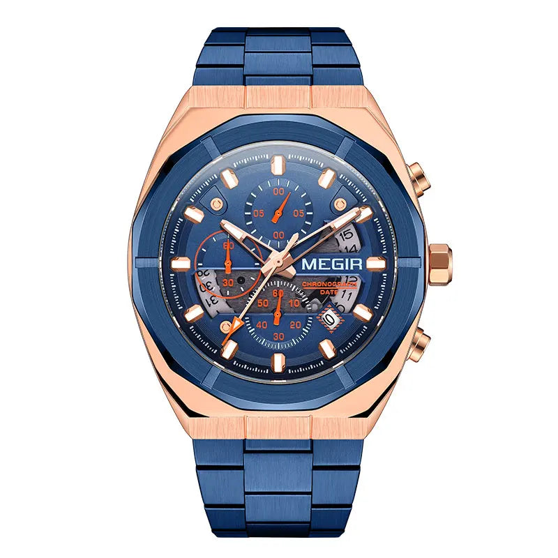 MEGIR Gray Sport Quartz Watch for Men Luxury Luminous Waterproof Metal Wristwatch with Stainless Steel Strap Date Chronograph