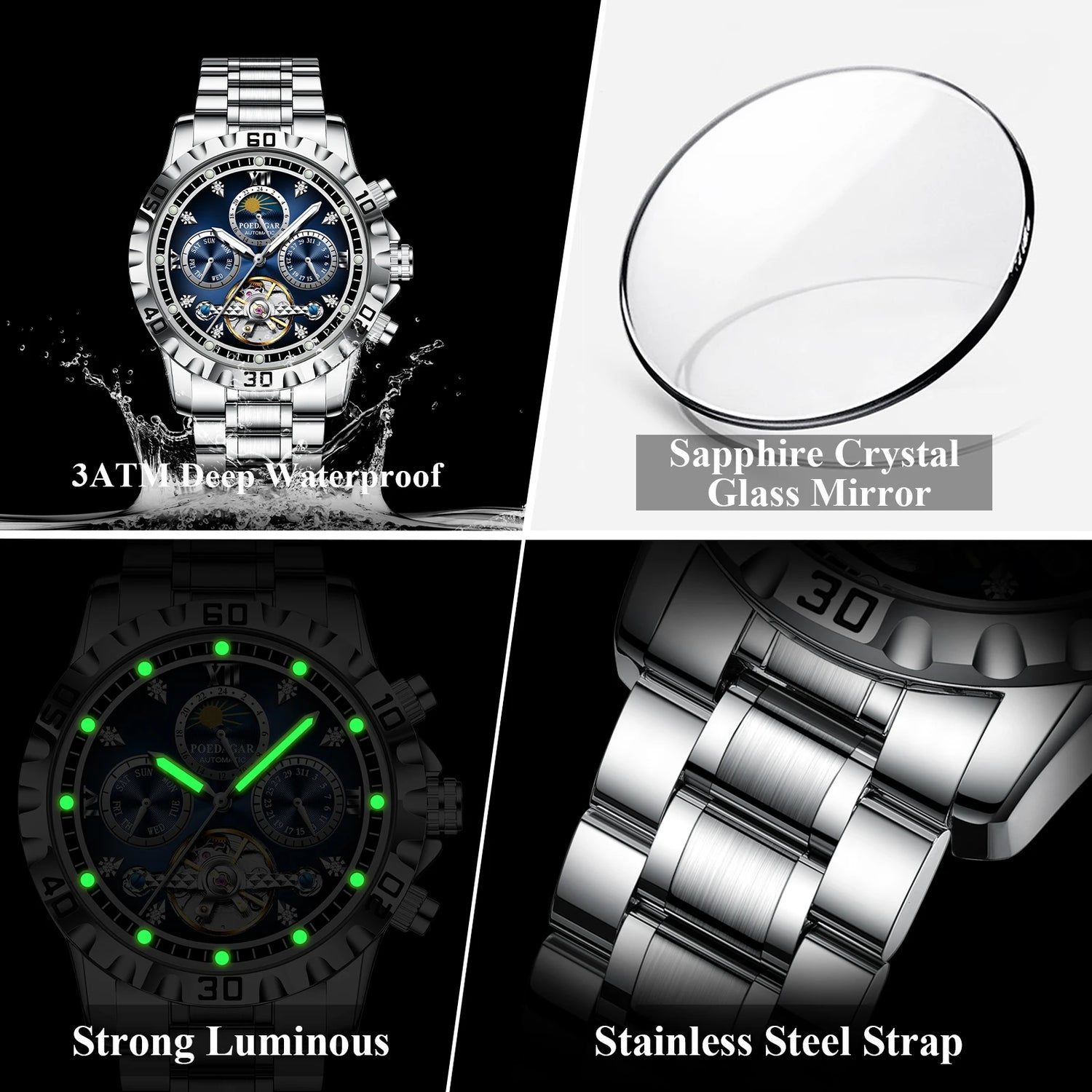 POEDAGAR Business Top Watch For Man Hollow Tourbillon Automatic Men&