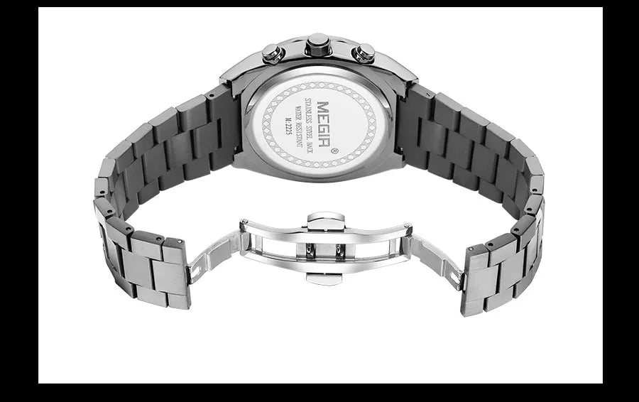 MEGIR Gray Sport Quartz Watch for Men Luxury Luminous Waterproof Metal Wristwatch with Stainless Steel Strap Date Chronograph